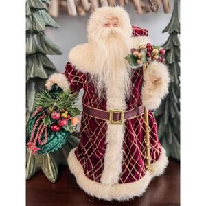 Traditional Santa Tabletop/Treetop Decor-Burgundy Velvet Coat/Gold Accents-15"H